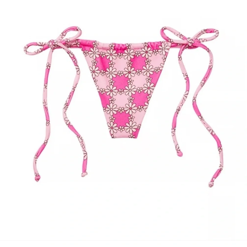 New! Frankie’s bikinis Tia Terry String Bikini Bottom Pink Daisy 24417